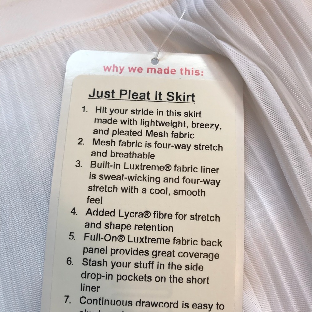 NWT WHITE LULULEMON JUST PLEAT IT SKIRT - Size 10 - Picture 4 of 7